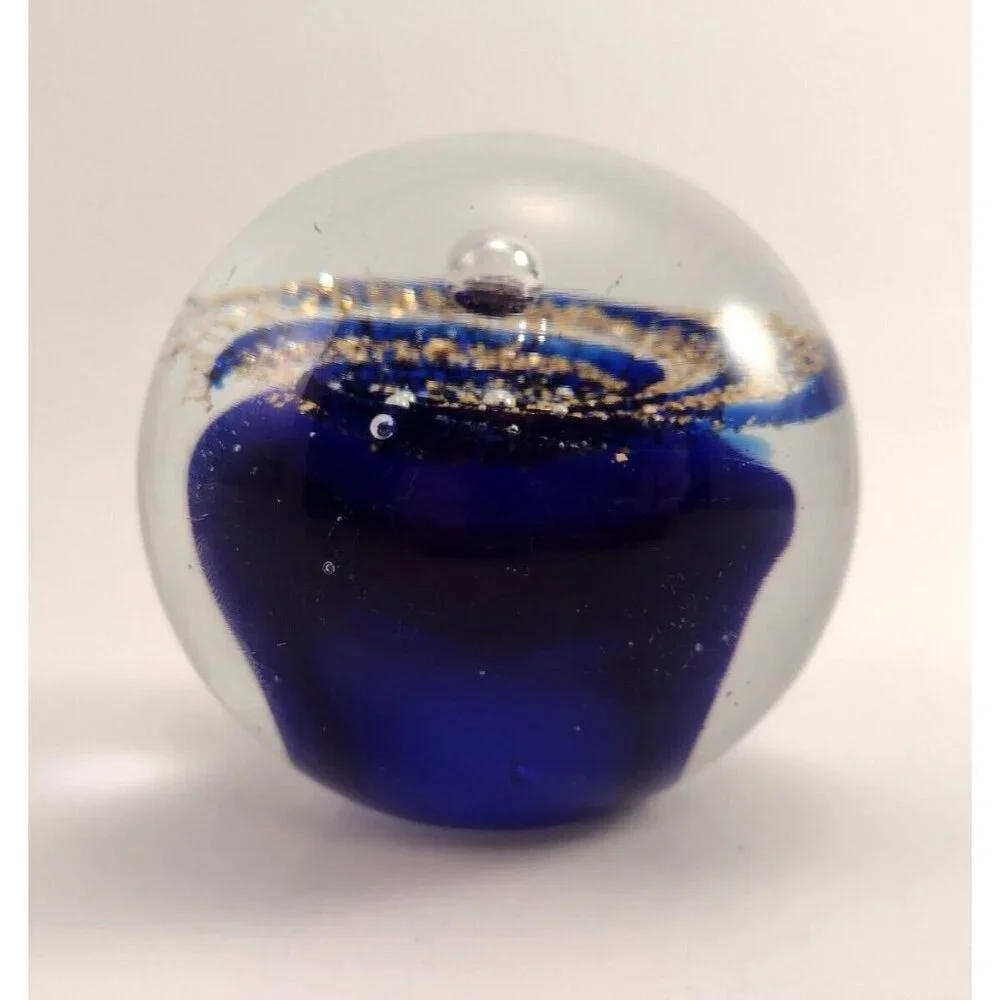 West Elm Blue Gold Large Galaxy Crystal Glass Paperweight Space Universe Retired